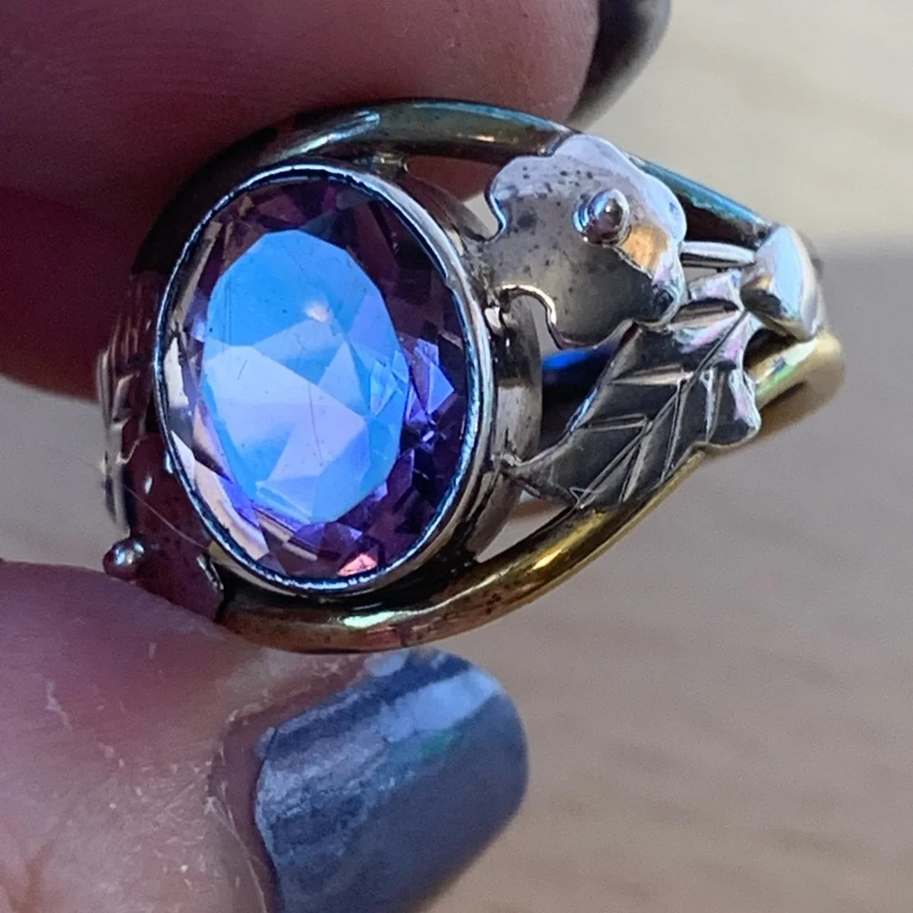 VINTAGE AMETHYST RING 925 STERLING SILVER TRI COLOR